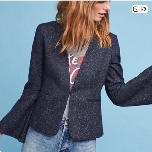 Anthropologie Jackets & Blazers - Anthropologie Cartonnier Pinstriped Flounced Sleeve Blazer in Navy Women's 12